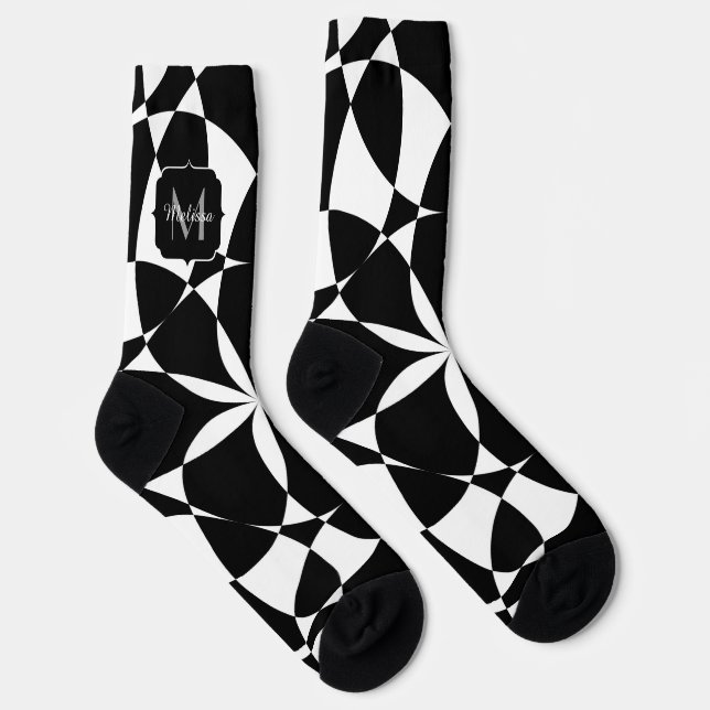 Schwarz-weiße Blume Mandala mosaic Retro Monogramm Socken (Rechts)