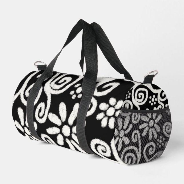 Schwarz-weiße Blume mit Blumen und Wirbel Blume Sw Duffle Bag (Rechte Ecke)