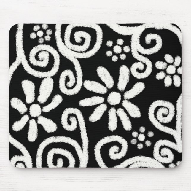 Schwarz-weiße Blume mit Blumen und Wirbel Blume Sw Mousepad (Vorne)