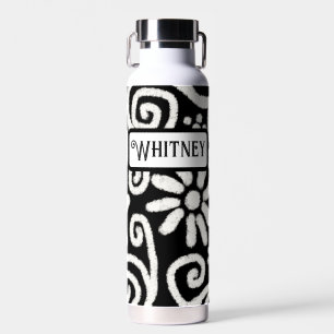 Schwarz-weiße Blume mit Blumen und Wirbel Personal Trinkflasche