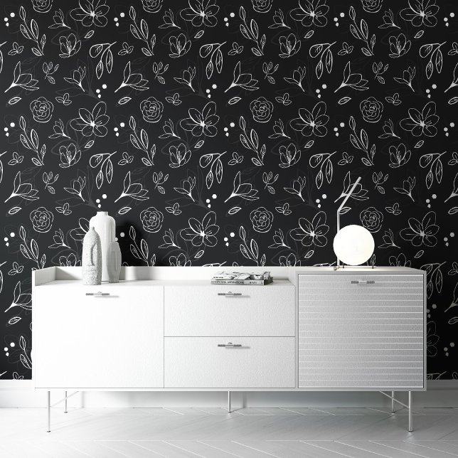 Schwarz-weiße Blume Muster botanische dunkle Blüte Tapete (Black and white floral patter peel and stick wall paper by Lorena Depante.)