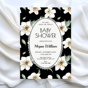 Schwarz-weiße Blumen-Baby-Party Einladung