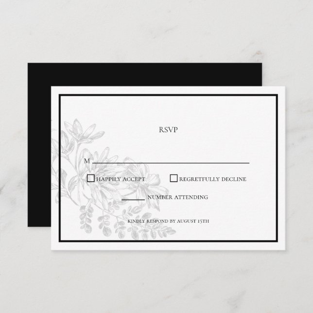 Schwarz-weiße Blumen-Einfache Hochzeit-RSVP-Karte RSVP Karte (Vorne/Hinten)