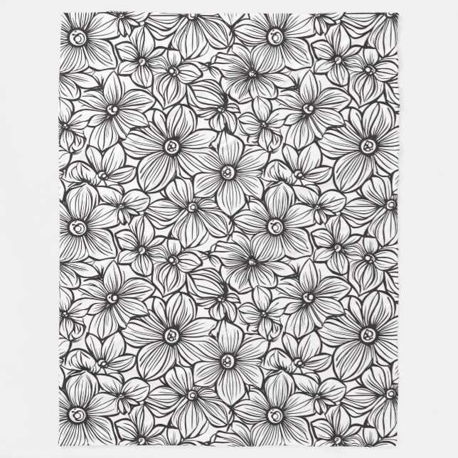 Schwarz Weiße Blumen Fleecedecke (Vorderseite)