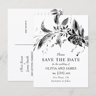 Schwarz-weiße Blumen floral Save the Date Postkarte