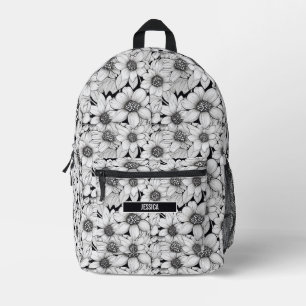 Schwarz Weiße Blumen Florales Monogramm Name Bedruckter Rucksack