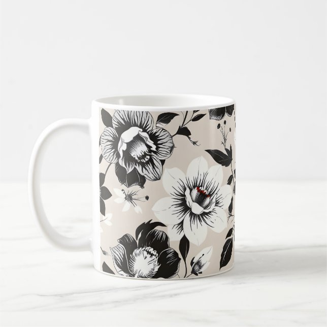 Schwarz-weiße Blumen  Kaffeetasse (Links)