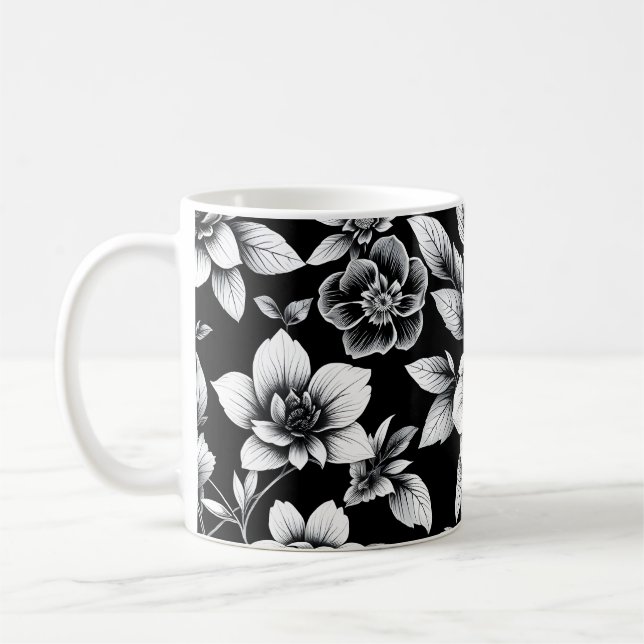 Schwarz-weiße Blumen  Kaffeetasse (Links)