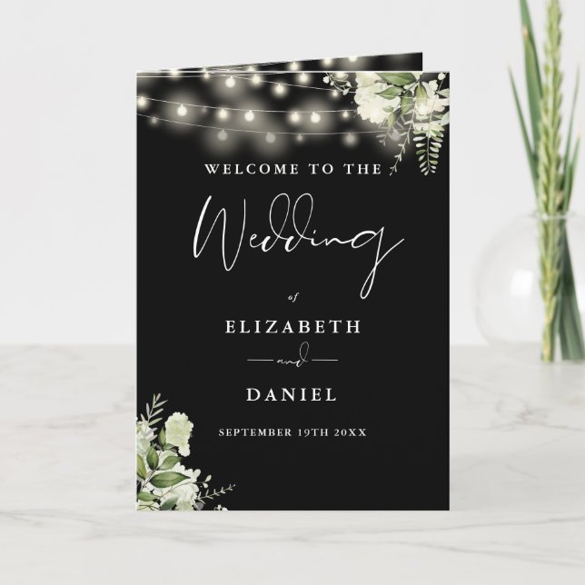 Schwarz-Weiße Blumen-Lichterkette Hochzeit  Programm (Vorderseite)