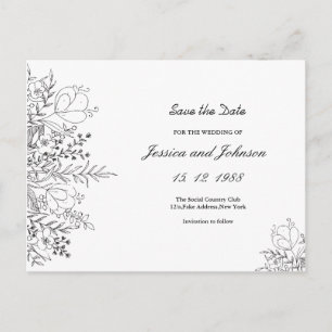 Schwarz-weiße Blumen-Save-the-Date-Postkarte Ankündigungspostkarte