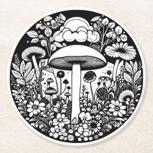 Schwarz-Weiße Blumen und Pilze Vintage Runder Pappuntersetzer