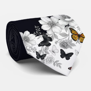 Schwarz-weiße Blumen und Schmetterlinge Krawatte