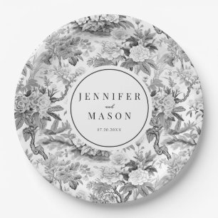 Schwarz-weiße blumengeschmückte Hochzeitspapiere T Pappteller