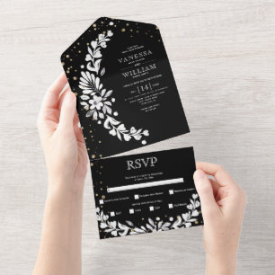 Schwarz-weiße Blumengirlande mit Herzen Hochzeit All In One Einladung