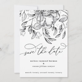 Schwarz-weiße Blumenkalligraphie Save the Date Kar Feiertagskarte