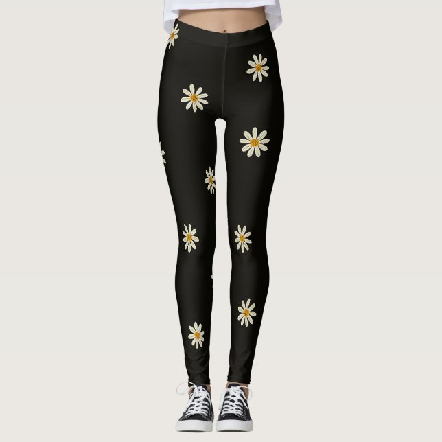 Schwarz-Weiße Blumenmuster Leggings (Vorderseite)