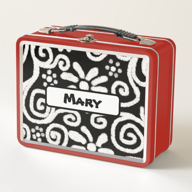 Schwarz-weiße Blumenmuster Wirbel Muster Personali Metall Brotdose (Vorderseite)