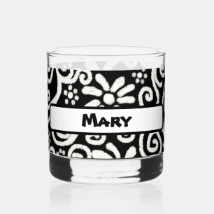 Schwarz-weiße Blumenmuster Wirbel Muster Personali Whiskyglas