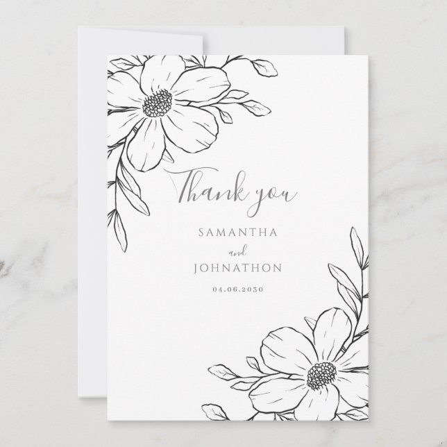 Schwarz-weiße Blumenreihe Zeichnend Hochzeit Dankeskarte (Vorderseite)