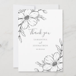 Schwarz-weiße Blumenreihe Zeichnend Hochzeit Dankeskarte
