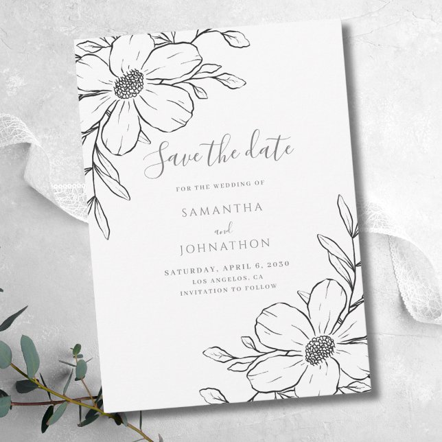 Schwarz-weiße Blumenreihe Zeichnend Hochzeit Save The Date (Von Creator hochgeladen)