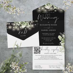 Schwarz-Weiße Blumige Lichter QR-Code-Hochzeit All In One Einladung