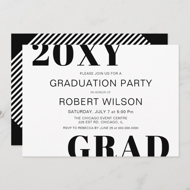 Schwarz-weiße Bold Typografy Graduation Party Invi Einladung (Vorne/Hinten)
