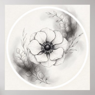 Schwarz-weiße botanische Anemone-Blume Poster