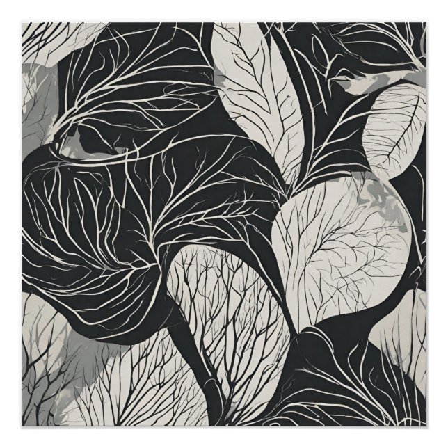Schwarz-weiße botanische Blattkunst Poster (Vorderseite)