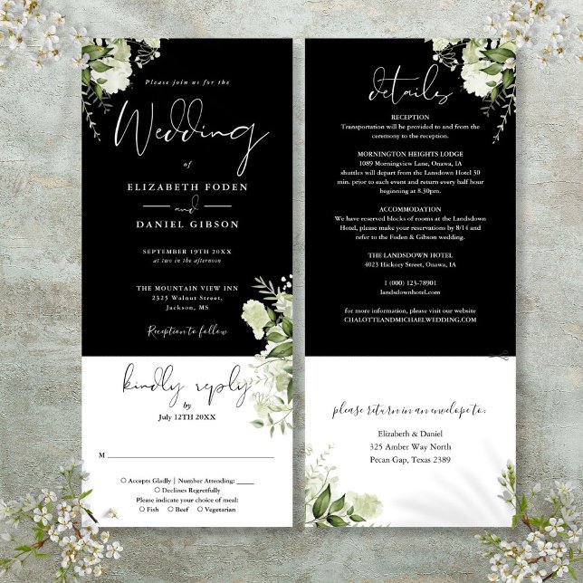 Schwarz-weiße botanische Flora auf einer Hochzeit Einladung (Black White Botanical Floral All In One Wedding Invitation)