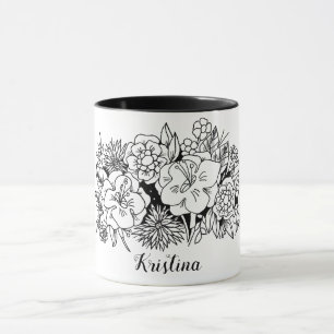 Schwarz-weiße botanische Flora mit Namen Tasse