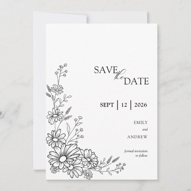 Schwarz-weiße botanische Gartenehe mit Daisy Save The Date (Vorderseite)