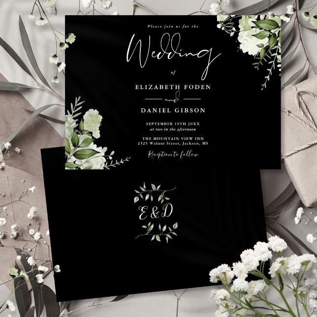 Schwarz-weiße Botanische Grünpflanzen-Monogramm-Ho Einladung (Black White Botanical Greenery Monogram Wedding Invitation)