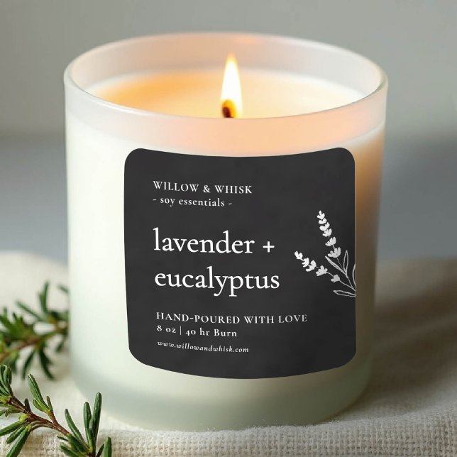 Schwarz-weiße botanische Kerzenverpackung Quadratischer Aufkleber (product label personalized square black white botanical maker artisan crafter gifting)