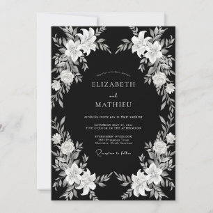 Schwarz-Weiße Botanische Romantische Hochzeit Einladung