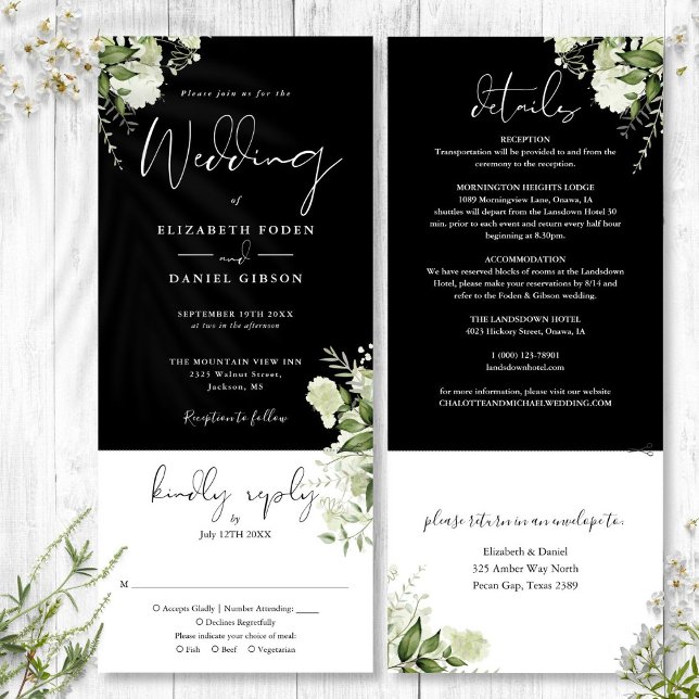 Schwarz-weiße botanische Vegetation Einladung (Black White Botanical Greenery All In One Wedding Invitation)