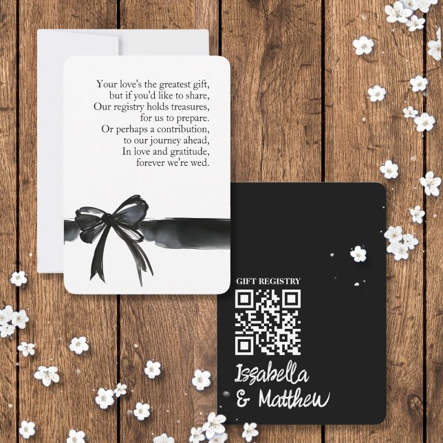 Schwarz-weiße Bow Wedding Gift Registry Gedicht QR Dankeskarte (gift registry cards with Watercolor bow black white for elegant modern simple wedding photo custom )