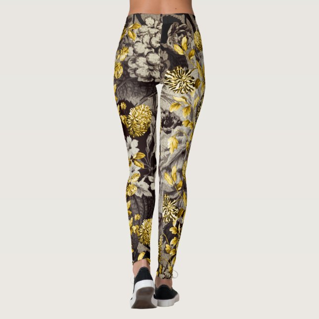 Schwarz-weiße braune Tones Gold Blumenstadt Leggings (Rückseite)