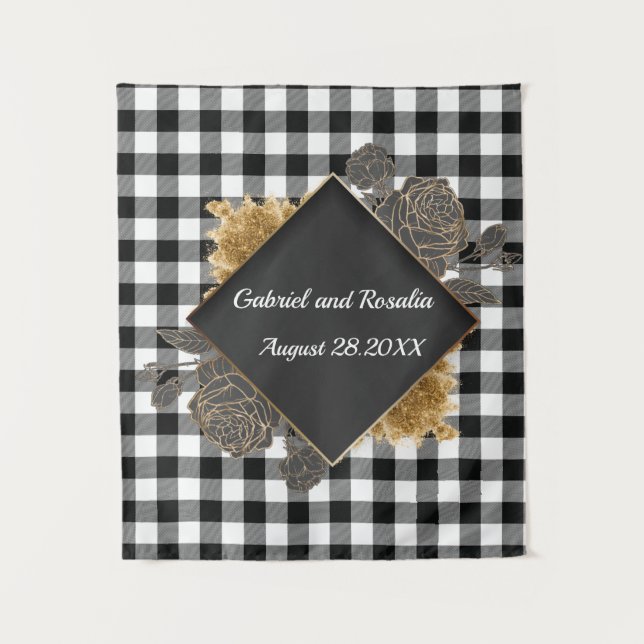 Schwarz-weiße Buffalo Karo Rose Rahmen Hochzeitsba Wandteppich (Vorderseite)