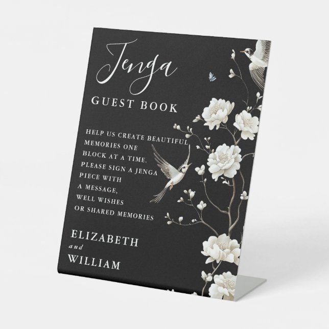 Schwarz-weiße Chinoiserie Jenga Gastbuch Hochzeit Sockelschild (Vorderseite)