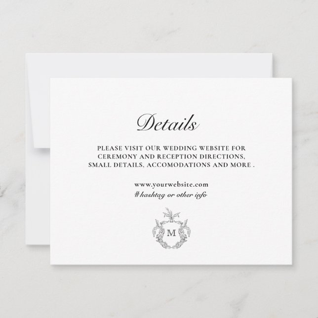 Schwarz-weiße Classic Luxe Wedding Details Card Einladung (Vorderseite)