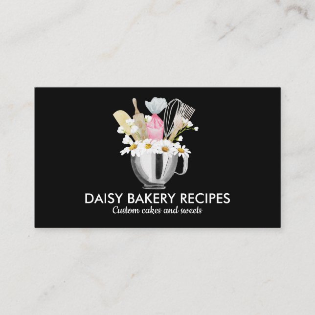 Schwarz-weiße Daisy Blume Bäckereiwerkzeuge Design Visitenkarte (Vorderseite)