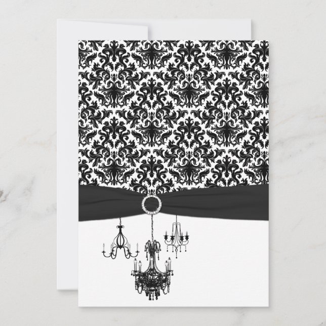 Schwarz-weiße Damask Kronleuchter Hochzeitseinladu Einladung (Vorderseite)