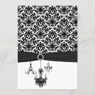 Schwarz-weiße Damask Kronleuchter Hochzeitseinladu Einladung