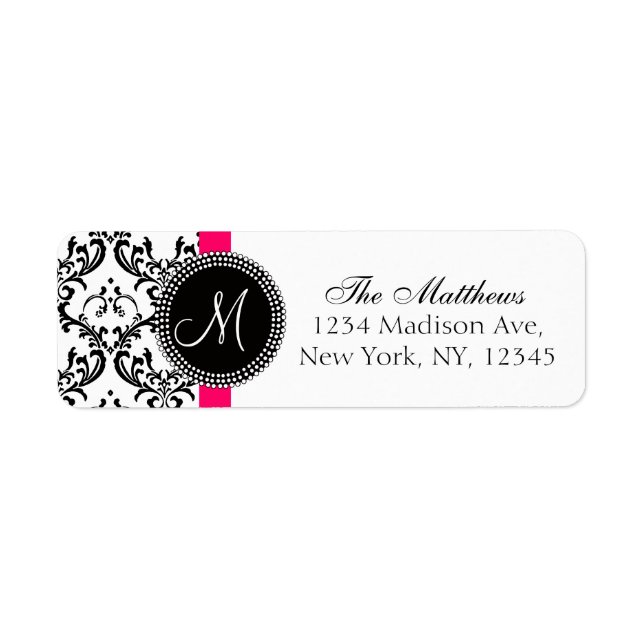 Schwarz-weiße Damask Monogram Address Labels (Vorne)
