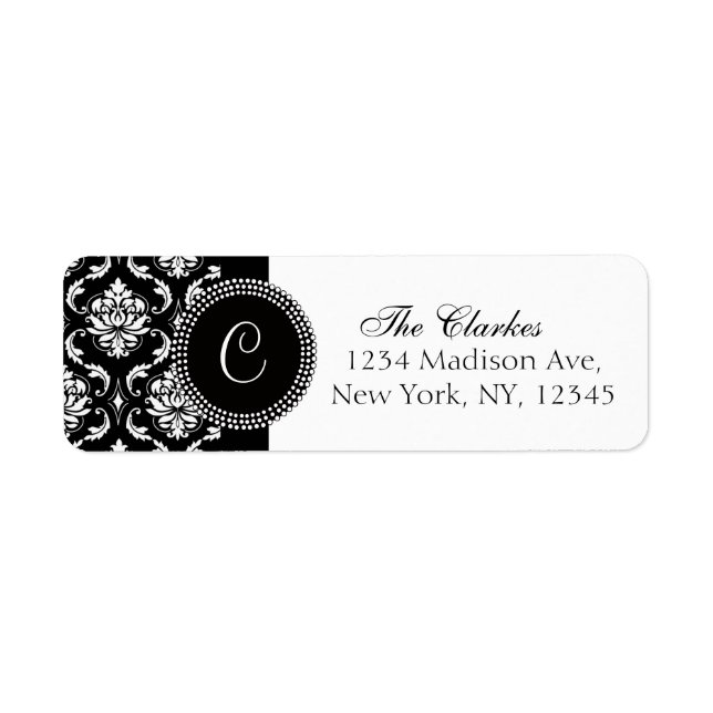 Schwarz-weiße Damask Monogram Address Labels (Vorne)