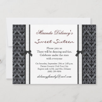 Schwarz-weiße Damask polka dot Sweet 16 Einladung