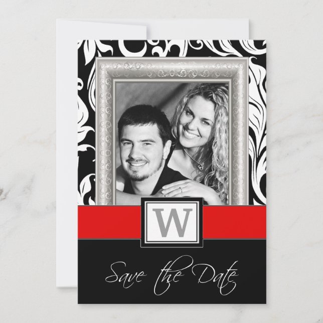 Schwarz-weiße Damask & Red Wedding retten Termine Save The Date (Vorderseite)