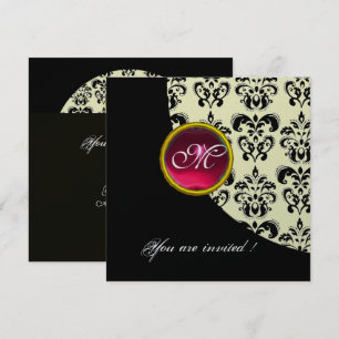 SCHWARZ-WEIßE DAMAST-MONOGRAMM, rot Rubin, Silber Einladung