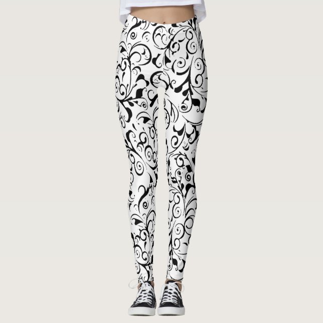 Schwarz-weiße Damastmuster-Leggings Leggings (Vorderseite)